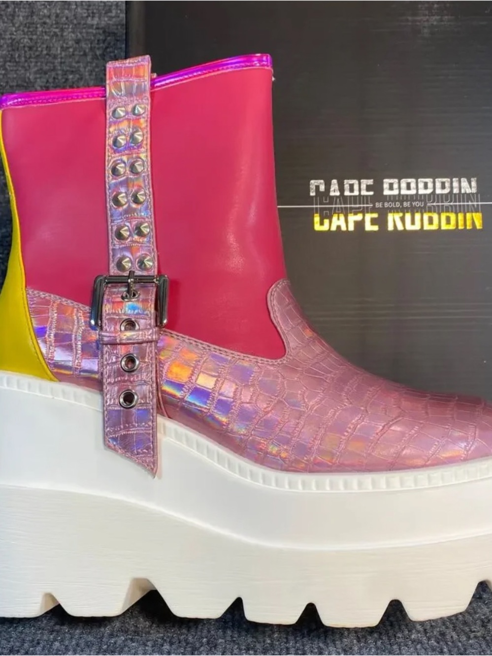 Cape Robbin Pink Iridescent Croc-Texture Platform Chelsea Booties